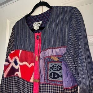 Vintage Artsy Patchwork Fish Blazer Jacket Wooden Buttons Size Medium Cropped